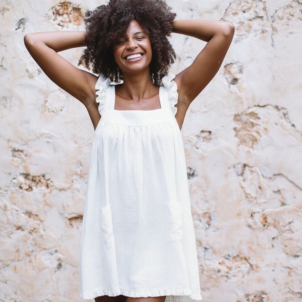 Kara Thoms Alida Linen Mini Dress White Ruffle Babydoll Romantic Cottagecore L